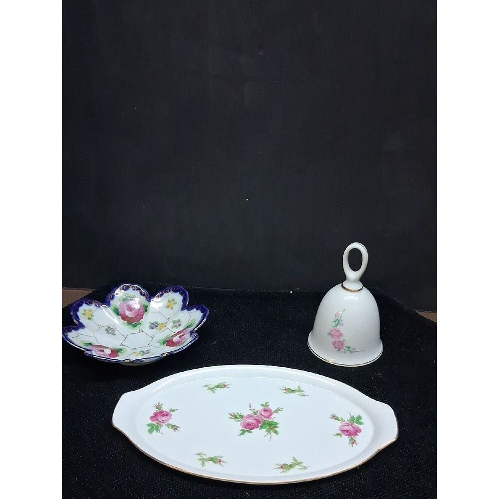 Vintage trinket dish,‎ porcelain tray from Germany, & "With Love, Mother" bell